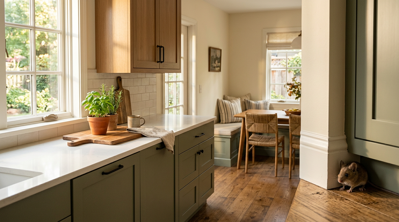 Cozy home kitchen with a small mouse peeking from the corner — The Mice Guys